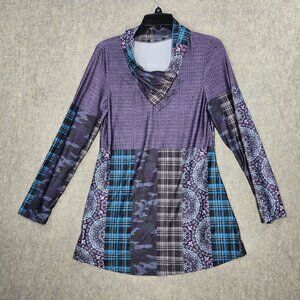 Lily By Firmiana Women’s Long Sleeve Tunic Purple Multi-Pattern Collage Small